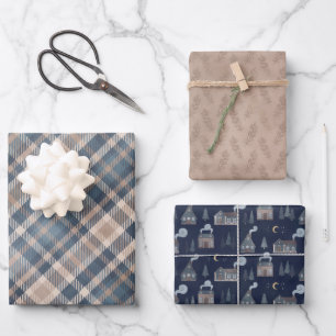 Cosy Blue and Tan Plaid Pine Cones and Home Wrapping Paper Sheet