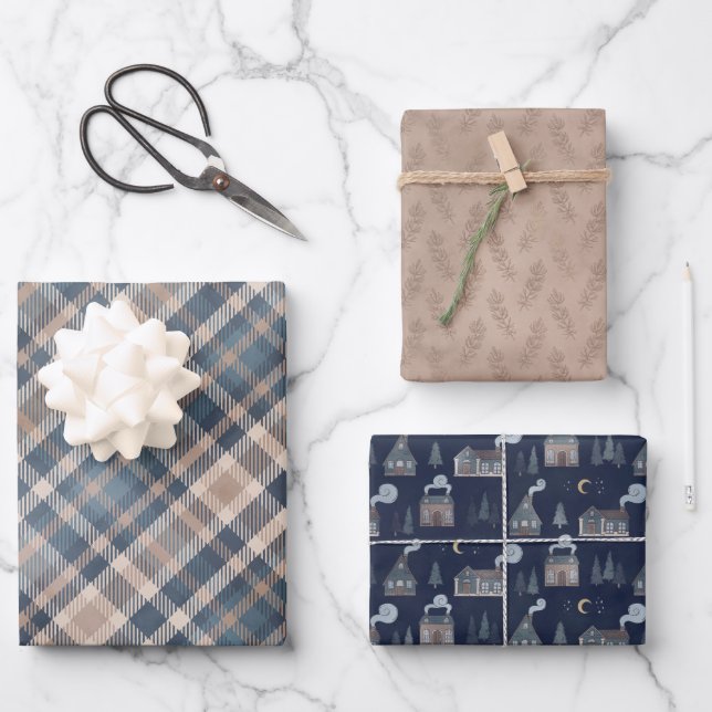 Cosy Blue and Tan Plaid Pine Cones and Home Wrapping Paper Sheet (Front)