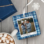 Cosy blue and White Plaid fabric Family Photo Metal Tree Decoration<br><div class="desc">Blue & white plaid fabric 2 photo family ornament. The design features a faux blue and white plaid fabric texture design with hints of pale blue and navy. Personalise with two special photos,  one on each side,  and customise with your last name and year. Designed by Moodthology Papery</div>