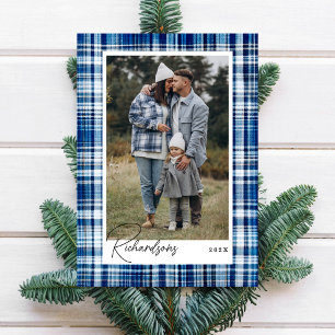 Cosy Blue and White Plaid Flannel Family Photo Holiday Card