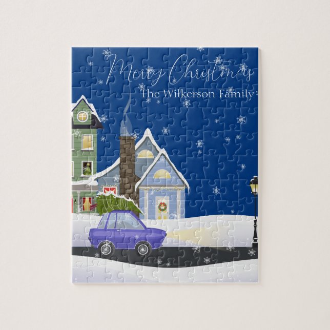 Cosy Blue Christmas Night in a Snowy Village  Jigsaw Puzzle (Vertical)