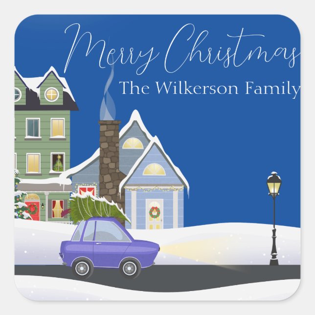 Cosy Blue Christmas Night in the Village Square Sticker (Front)