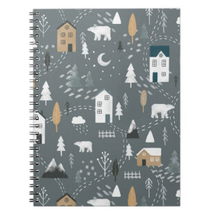 Cosy blue grey winter in nordic village notebook