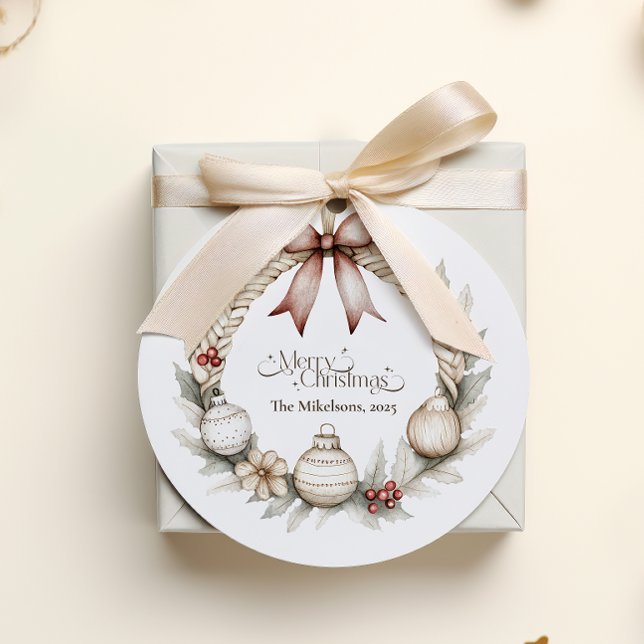 Cosy Blue Rustic Christmas Wreath Classic Round Sticker (Creator Uploaded)