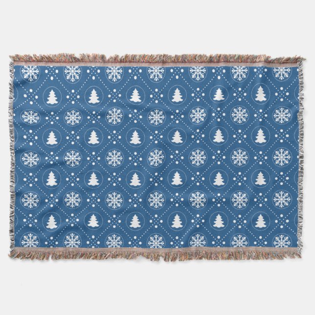 Cosy Blue White Snowflakes Christmas Trees Design Throw Blanket (Front)