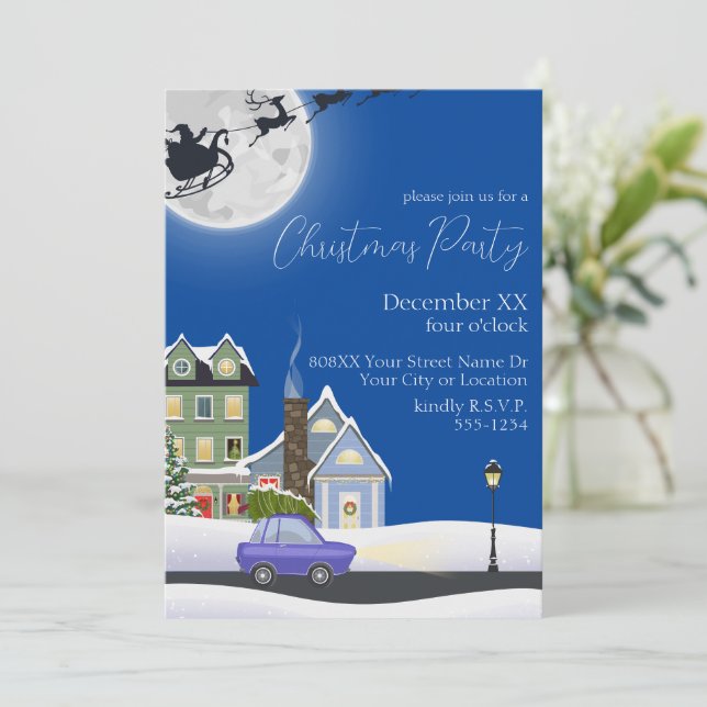 Cosy Blue Winter Night Village Christmas Party Invitation (Standing Front)