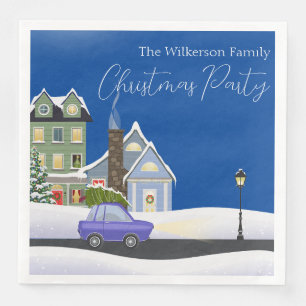 Cosy Blue Winter Night Village Christmas Party Napkin