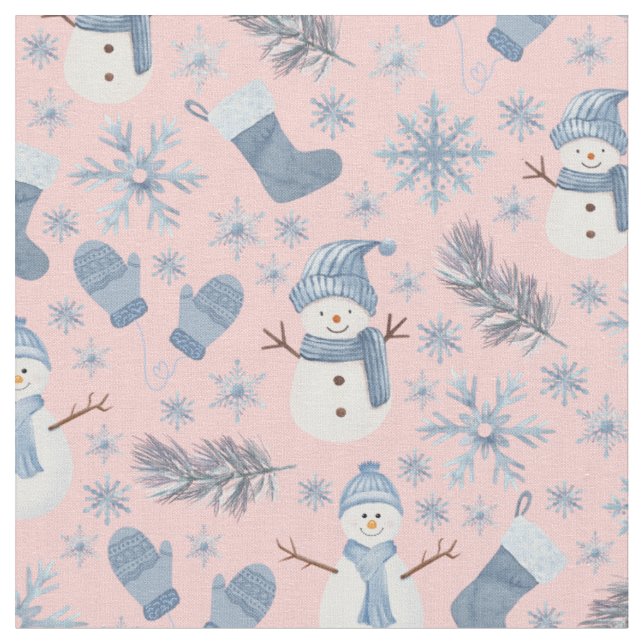 Cosy Blue Winter on Peachy Pink Fabric (Close Up)