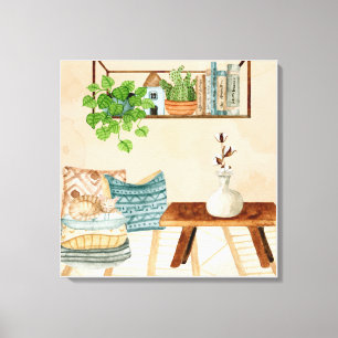 Cosy Bohemian Living Room Watercolor Art Canvas Print