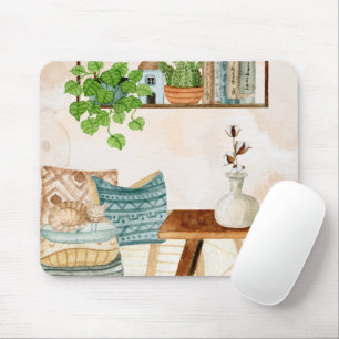 Cosy Bohemian Living Room Watercolor Art Mouse Pad