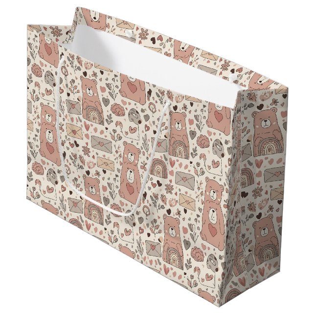 Cosy Boho Teddy Bear Pattern Large Gift Bag (Front Angled)