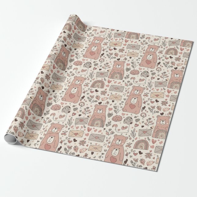 Cosy Boho Teddy Bear Pattern Wrapping Paper (Unrolled)