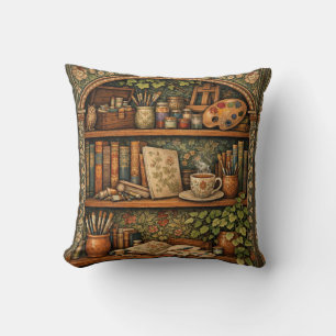 Cosy book shelf books artist supplies coffee cushion