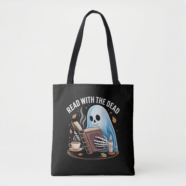 Cosy Bookish Halloween Ghost Skeleton Reading Tote Bag (Front)