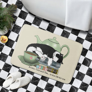 Cosy Books Cat Tuxedo Tea Cute Green Teapot Reader Bath Mat