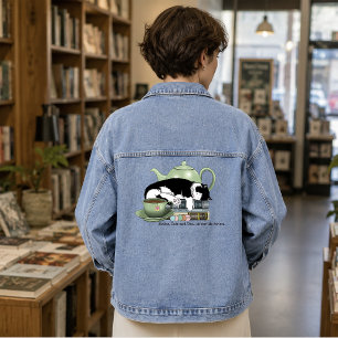 Cosy Books Cat Tuxedo Tea Cute Green Teapot Reader Denim Jacket