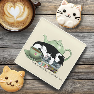 Cosy Books Cat Tuxedo Tea Cute Green Teapot Reader Glass Coaster