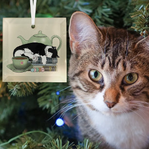 Cosy Books Cat Tuxedo Tea Cute Green Teapot Reader Glass Tree Decoration
