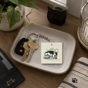 Cosy Books Cat Tuxedo Tea Cute Green Teapot Reader Key Ring