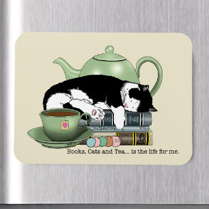 Cosy Books Cat Tuxedo Tea Cute Green Teapot Reader Magnet
