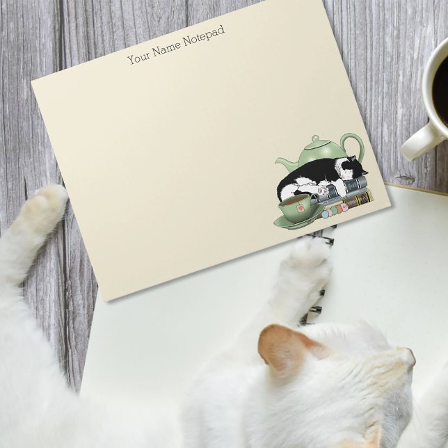 Cosy Books Cat Tuxedo Tea Cute Green Teapot Reader Notepad (Creator Uploaded)