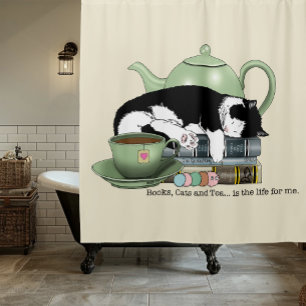 Cosy Books Cat Tuxedo Tea Cute Green Teapot Reader Shower Curtain