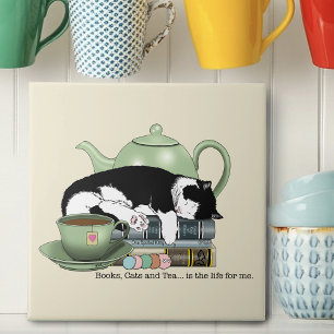 Cosy Books Cat Tuxedo Tea Cute Green Teapot Reader Tile