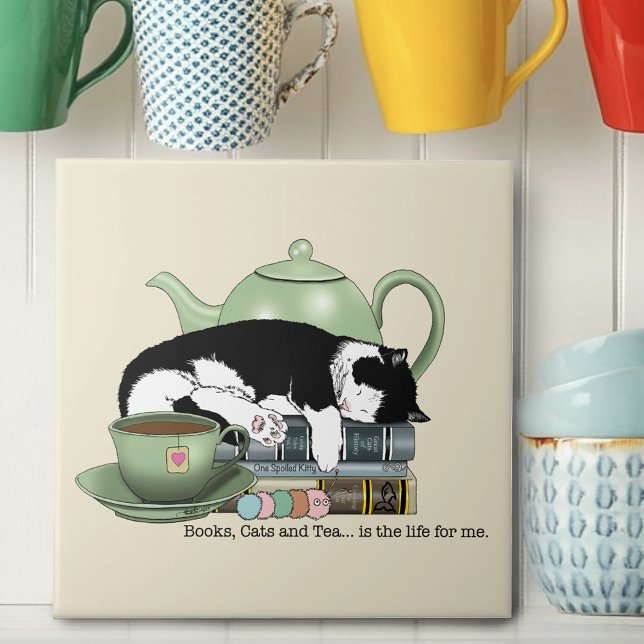 Cosy Books Cat Tuxedo Tea Cute Green Teapot Reader Tile (Creator Uploaded)