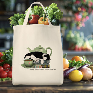Cosy Books Cat Tuxedo Tea Cute Green Teapot Reader Tote Bag