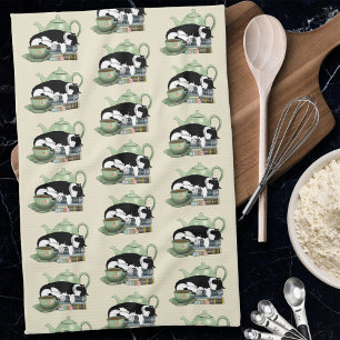 Cosy Books Cat Tuxedo Tea Cute Green Teapot Reader Towel