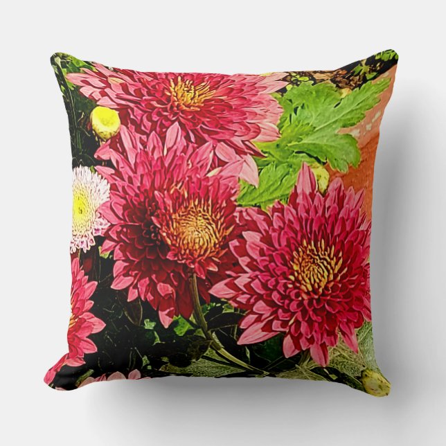 Cosy Bright Peach Chrysanthemum Flowers Pillow (Front)