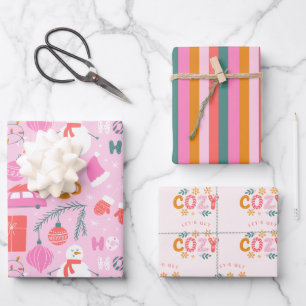Cosy Bright Pink Snowman Christmas Wrapping Paper Sheet