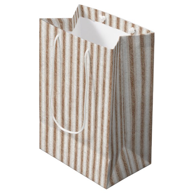 Cosy Brown Cream Stripes Birthday Medium Gift Bag (Front Angled)