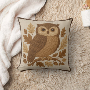 cosy Brown embroidery Autumn owl & fall leaves Cushion