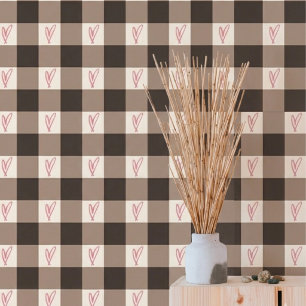 Cosy Brown Gingham Plaid Hearts Pattern Wallpaper