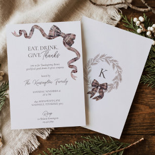 Cosy Brown Plaid Bow Thanksgiving Party Invitation