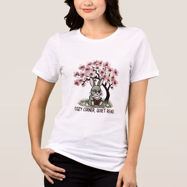 Cosy Bunny Reading Under Cherry Blossom Tri-Blend Shirt (Front)