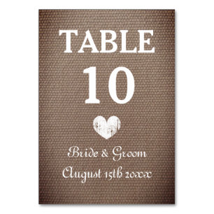 Cosy burlap theme wedding party table number
