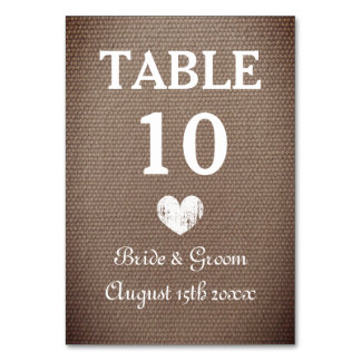 Cosy burlap theme wedding party table number