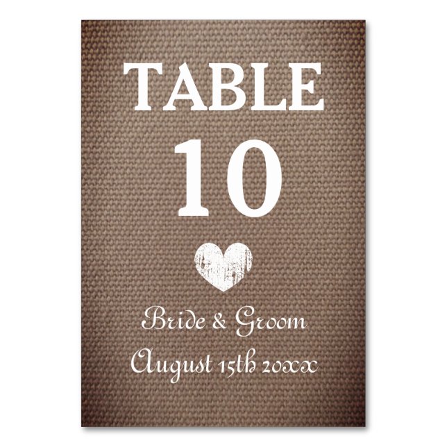 Cosy burlap theme wedding party table number (Front)