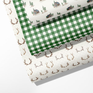 "Cosy Cabin, Antler, Buffalo Plaid Green Wrapping Paper Sheet