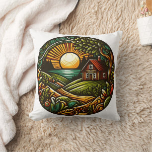 Cosy cabin at sunset in a vibrant landscape cushion