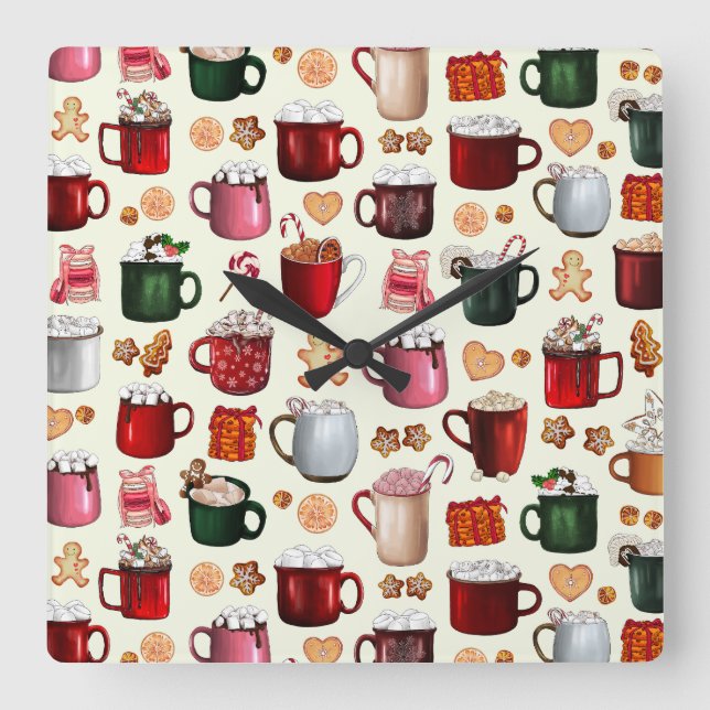 Cosy Cabin Hot Cocoa and Winter Treats Square Wall Clock (Front)