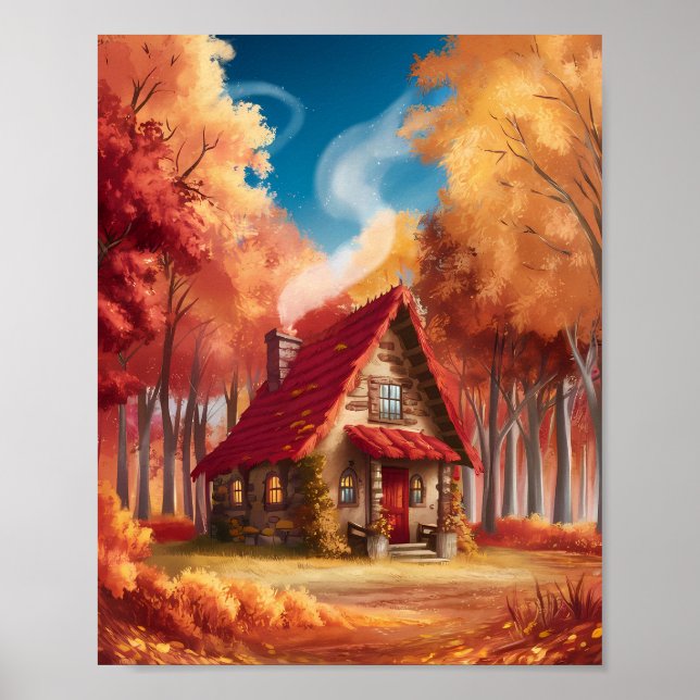 Cosy Cabin in Autumn Forest Poster (Front)