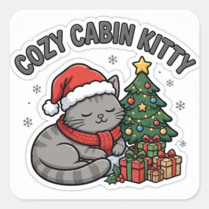 Cosy Cabin Kitty Sticker — Grey Cat Santa Hat Chri