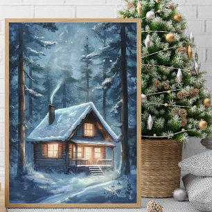 Cosy Cabin Nestled in Snowy Forest Poster