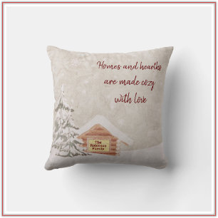 Cosy Cabin Snowy Winter Scene Throw Pillow