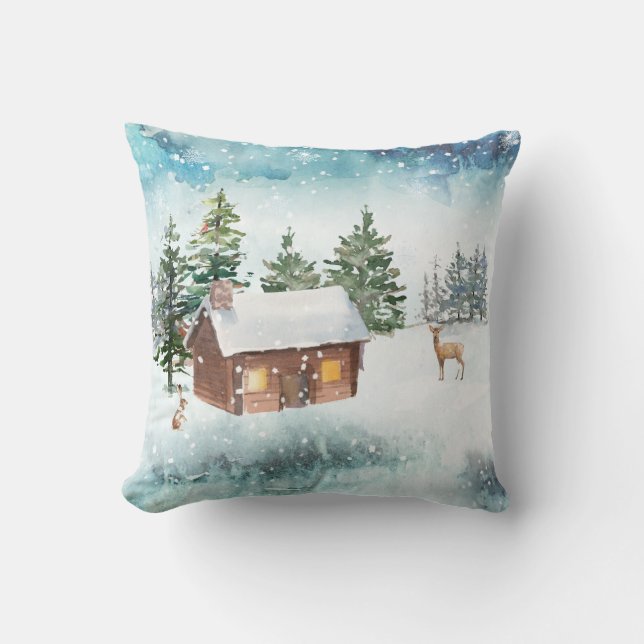 Cosy Cabin Winter Watercolor Cushion (Front)