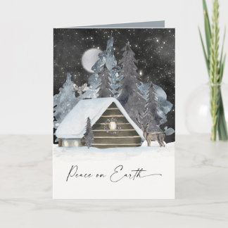 Cosy Cabin Wintry Watercolor Holiday Scene Card