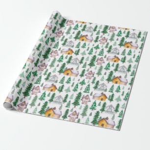 Cosy Cabins in Pine Forest Watercolor Pattern Wrapping Paper
